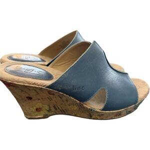 B.O.C. Born Concepts Eddie II Blue Leather Sandals Size 9 /40.5 Floral Cork Heel
